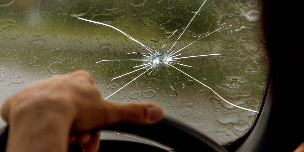 Damaged and cracked windscreen