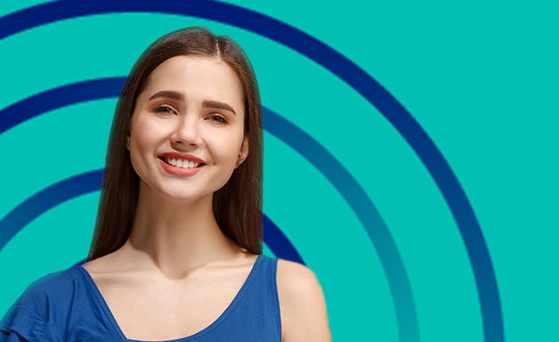 social proof girl smiling with turquoise background