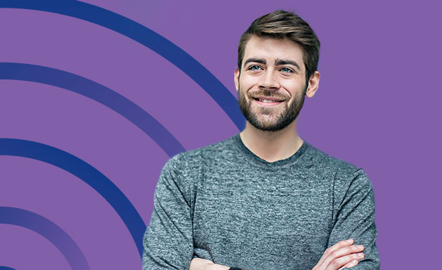 social proof man smiling with purple background