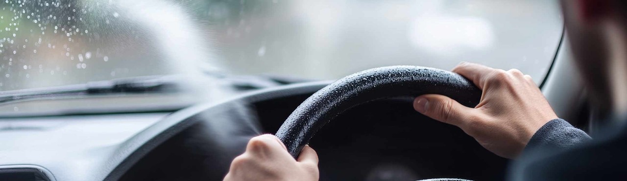Car with a foggy windshield on a rainy day