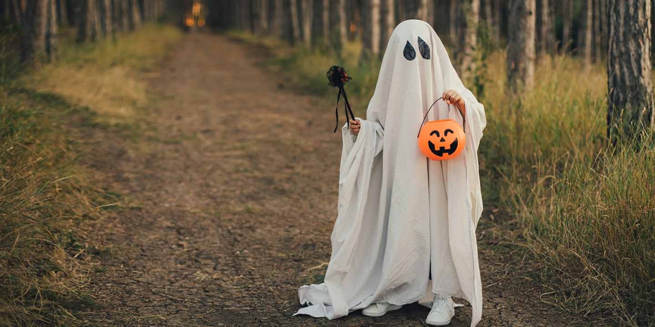 Kid dressed up as a ghost on a forest trail