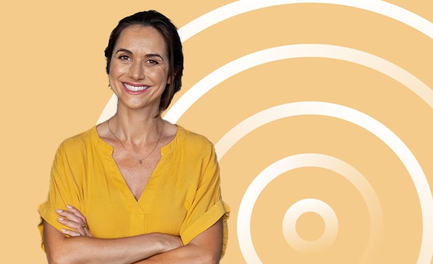social proof woman smiling under yellow background