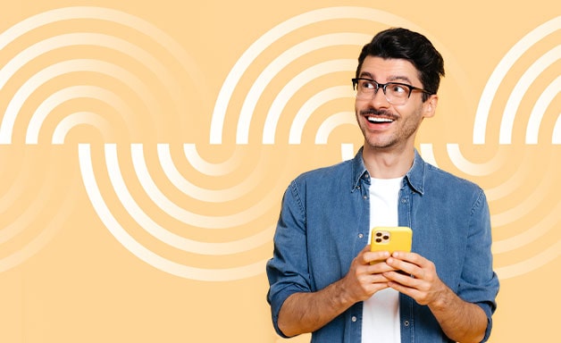 social proof man with phone on hand smiling