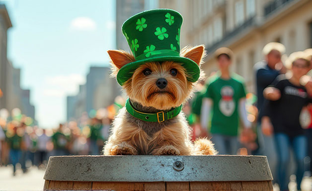 Adorable yorkshire terrier celebrates st. patrick's day with green hat outdoors in festive city parade