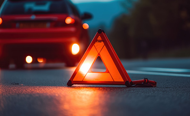 Red emergency stop sign and broken car on the road at night